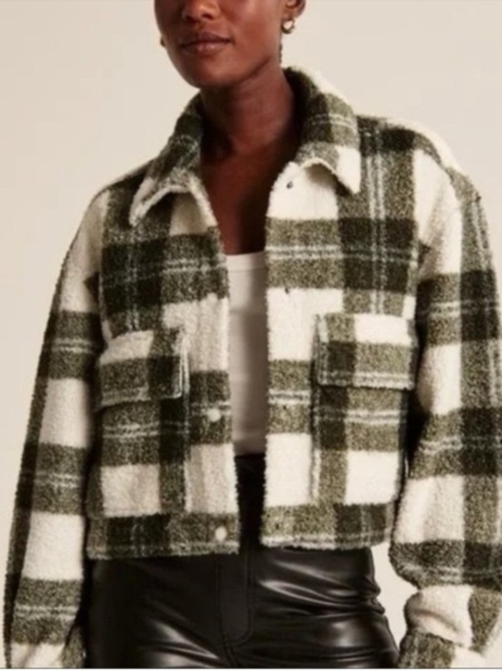 Abercrombie & Fitch Green and Cream Plaid Teddy Jacket